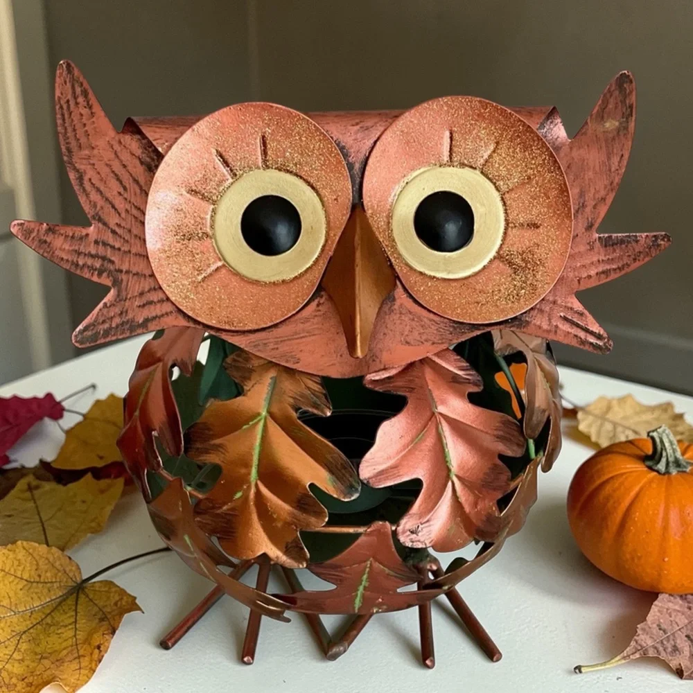 Pier 1 Fall Metal Owl Tealight Candle Holder Glitter Eyes